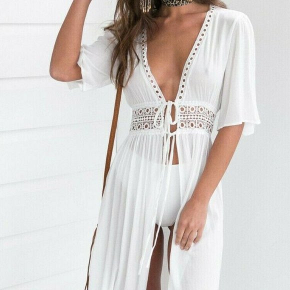 bohowhite crochet/lace detailed tie front kimono coverup - Picture 4 of 14